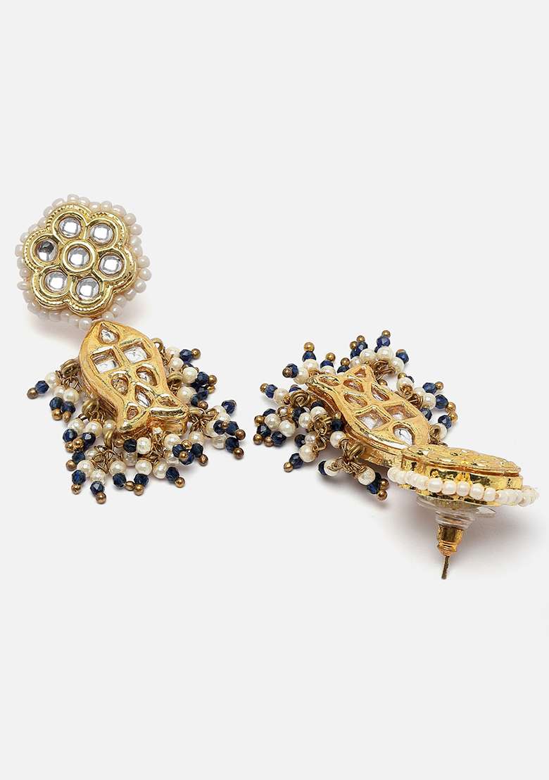 Green Gold Plated Kundan Pearl Drop Earrings - Indya