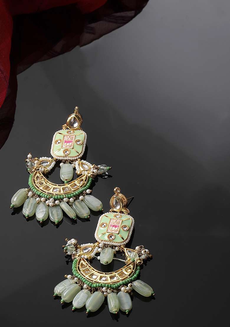 Green Gold Plated Kundan Pearl Drop Earrings - Indya
