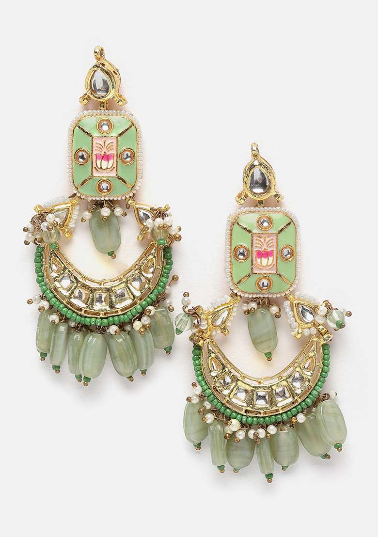 Green Gold Plated Kundan Pearl Drop Earrings - Indya