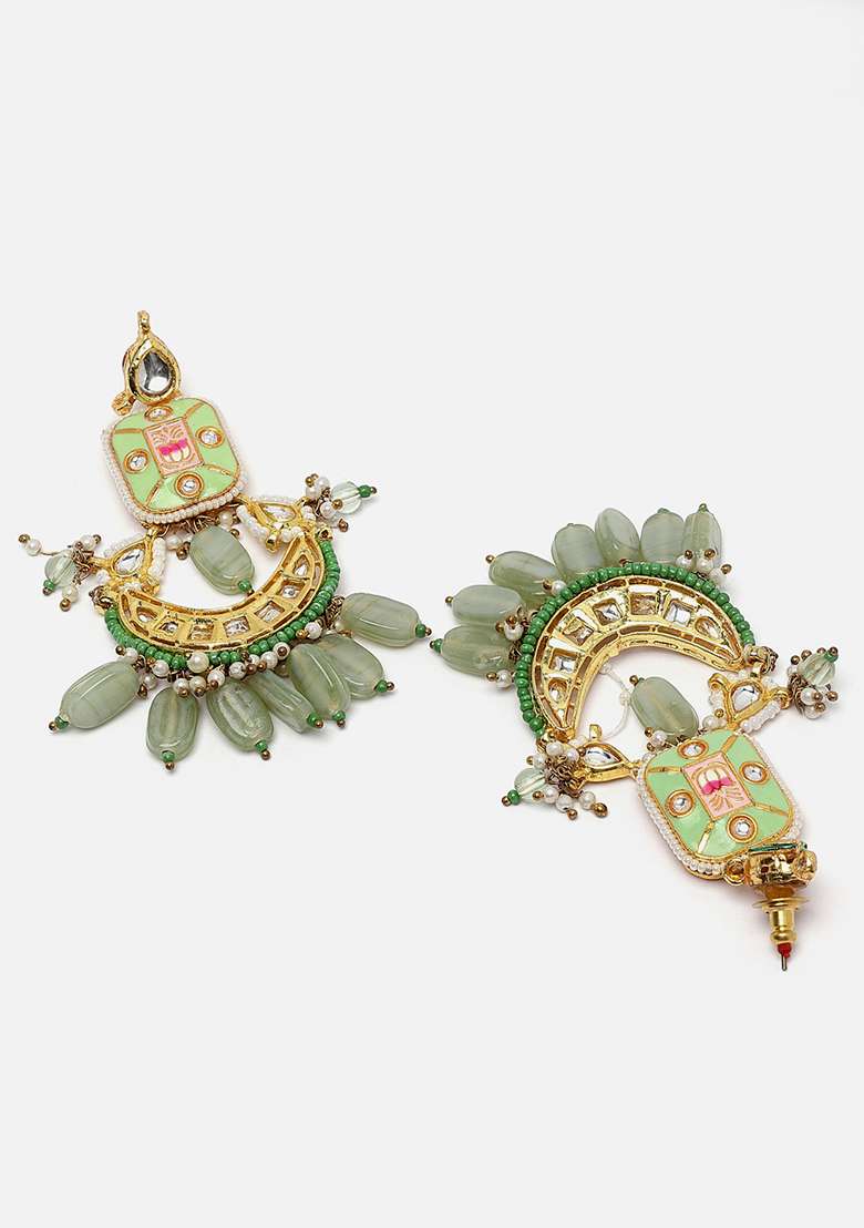Green Gold Plated Kundan Pearl Drop Earrings - Indya