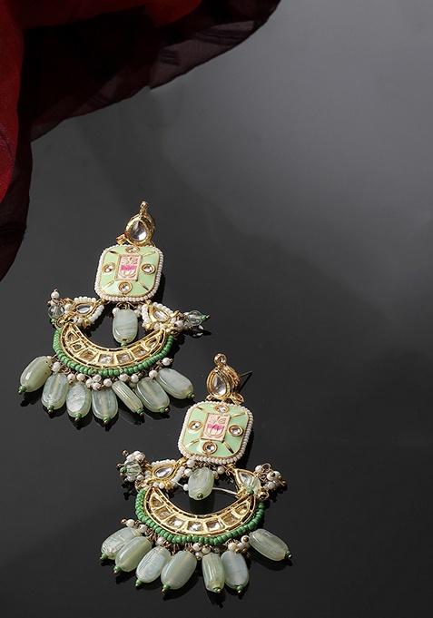 Green Gold Plated Kundan Pearl Drop Earrings