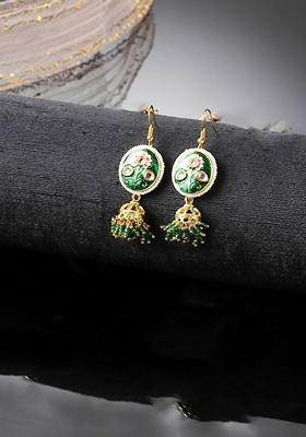 Green Gold Plated Kundan Pearl Drop Earrings