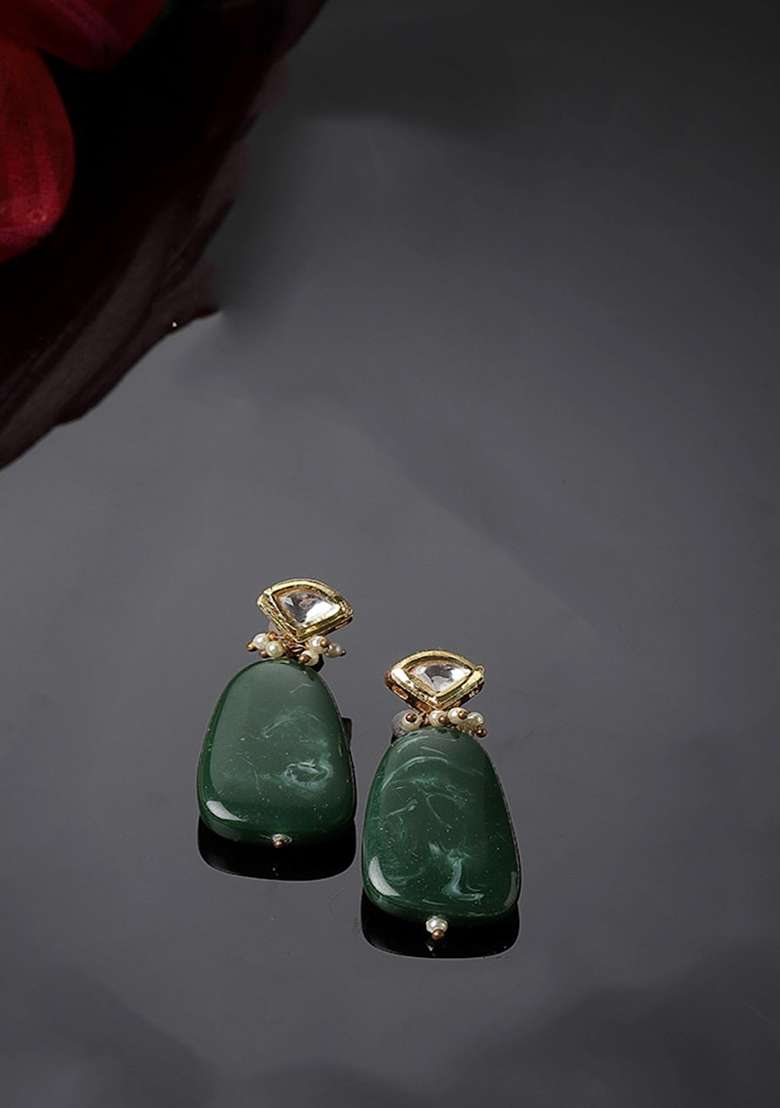 Green Gold Plated Kundan Pearl Drop Earrings - Indya