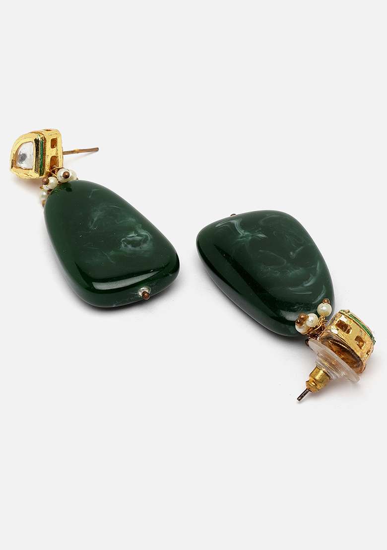 Green Gold Plated Kundan Pearl Drop Earrings - Indya