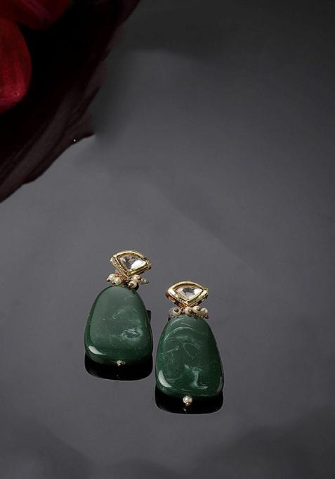 Green Gold Plated Kundan Pearl Drop Earrings