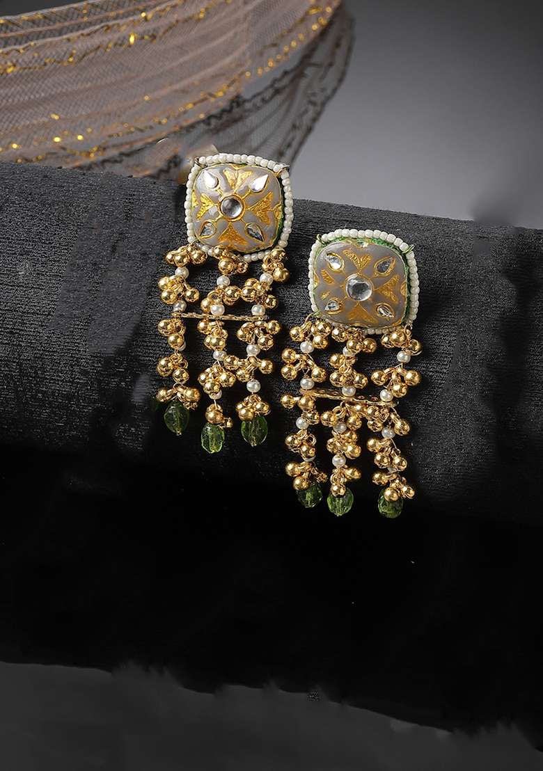 Grey And Green Gold Plated Kundan Pearl Drop Earrings - Indya