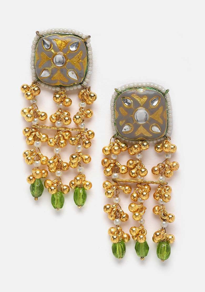 Grey And Green Gold Plated Kundan Pearl Drop Earrings - Indya