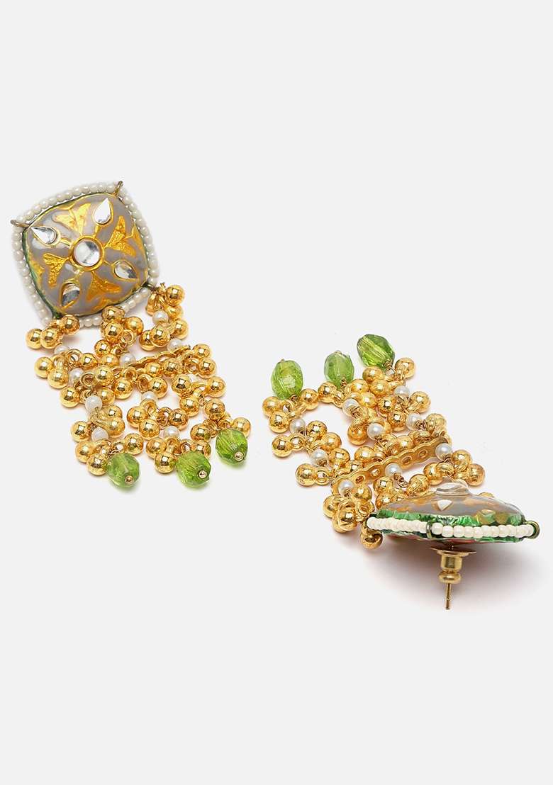 Grey And Green Gold Plated Kundan Pearl Drop Earrings - Indya