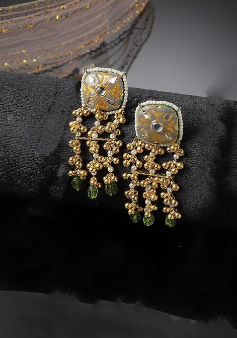 Grey And Green Gold Plated Kundan Pearl Drop Earrings