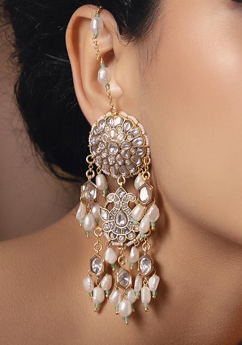 Gold Plated Polki Pearl Chandbali Earrings