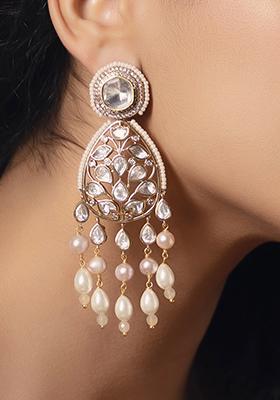 Gold Plated Polki Pearl Chandbali Earrings