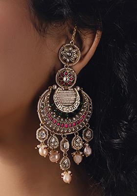 Gold Plated Polki Pearl Dangler Earrings