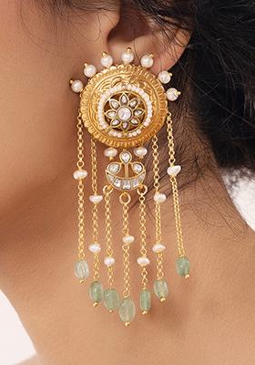 Gold Plated Polki Pearl Dangler Earrings