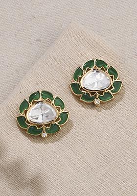 Gold Plated Green Verdant Leaf Studs Earrings