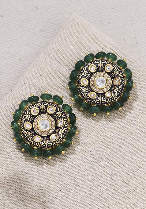 Gold Plated Green Foliage Sparkle Studs Earrings