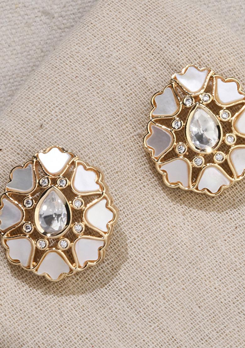 Gold Plated White Studs Earrings - Indya