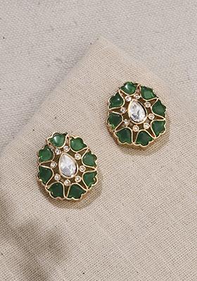 Gold Plated Green Floral Studs Earrings