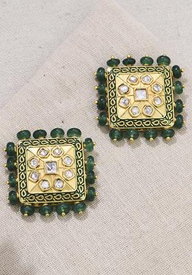 Gold Plated Green Golden Moss Stone Studs Earrings