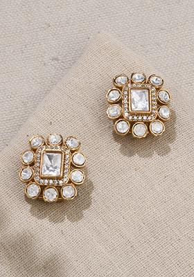 Gold Plated Rectangular Polki Earrings
