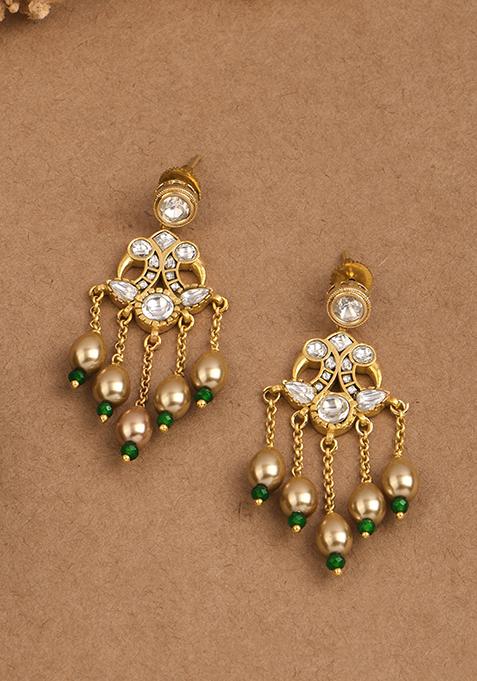 White Pearl Jadau Danglers Earrings