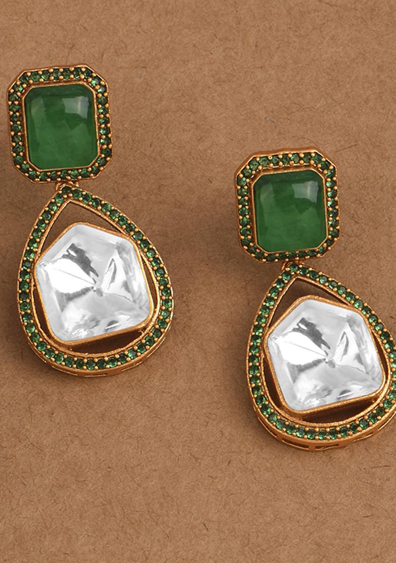 Emerald Green Kundan Polki Drop Earrings - Indya