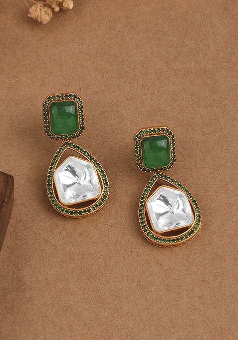 Emerald Green Kundan Polki Drop Earrings