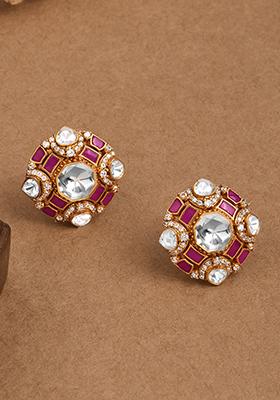 Pink Petal Bliss Polki Stud Earrings