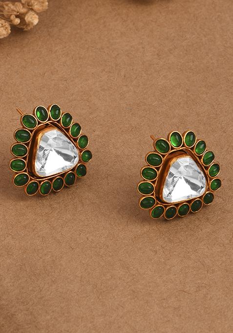 Green Triangular Enchantment Polki Stud Earrings