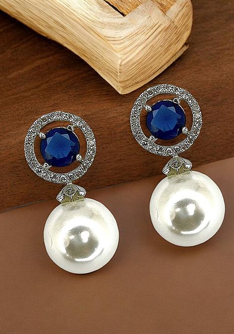 Blue Sapphire American Diamond Pearl Drop Earrings With Halo