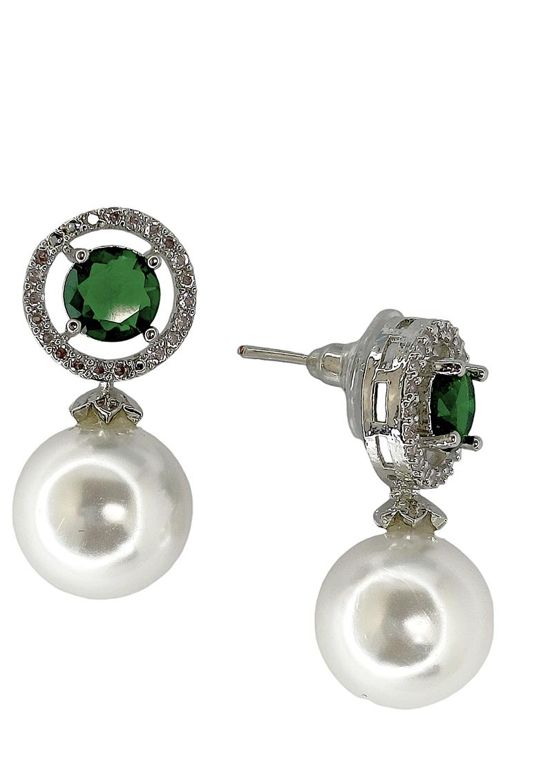 Green American Diamond Pearl Drop Earrings With Halo - Indya