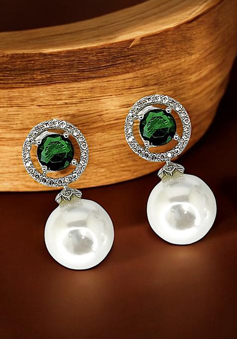 Green American Diamond Pearl Drop Earrings With Halo