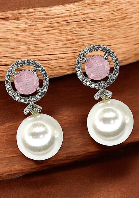 Baby Pink American Diamond Pearl Drop Earrings With Halo