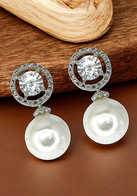 White American Diamond Pearl Drop Earrings With Halo