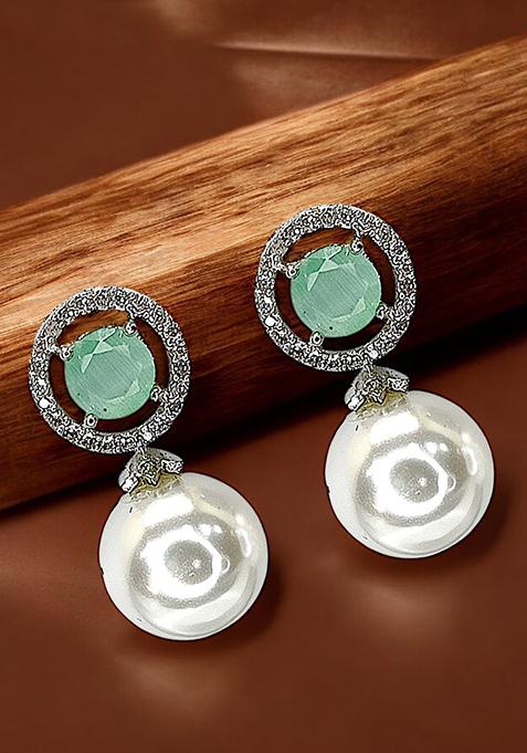 Sea Green American Diamond Pearl Drop Earrings With Halo