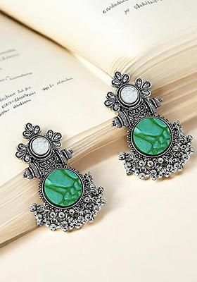 Green Silver Oxidized Drop Earrings