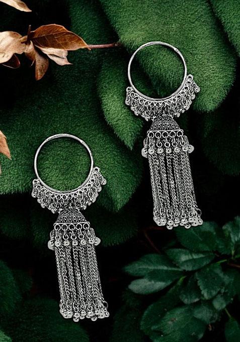 Silver Oxidized Drop Hoop Earrings