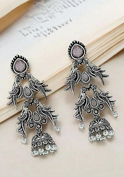 Silver Oxidized Parrot Jhumka Drop Earrings