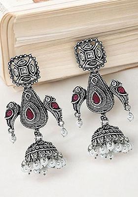 Silver Oxidized Geometric Jhumka Drop Earrings
