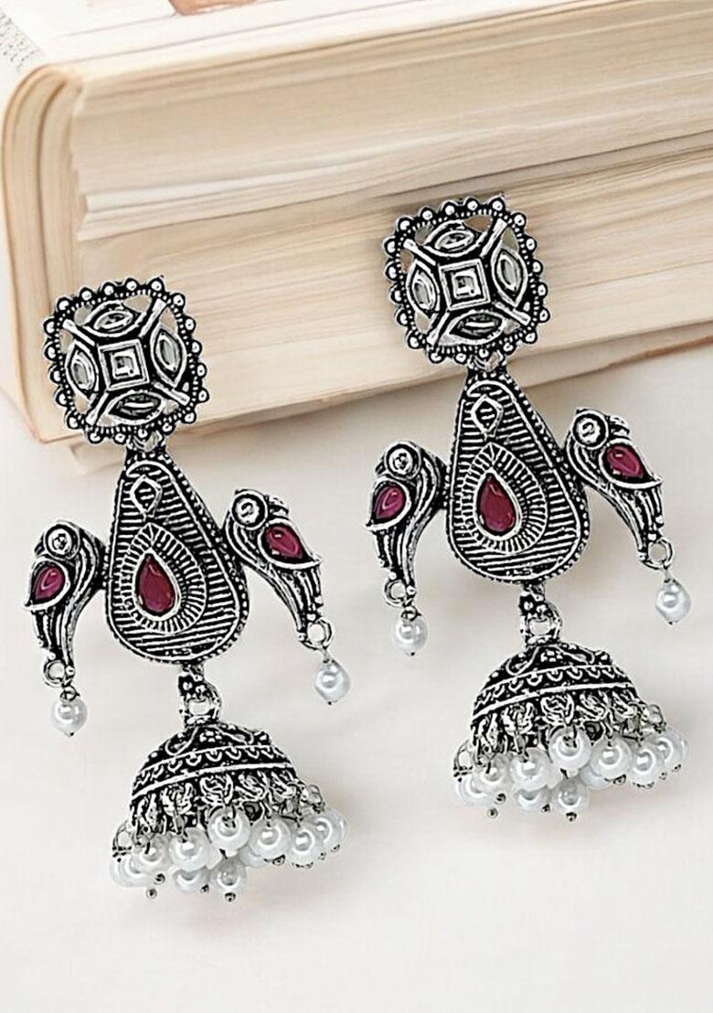 Silver Oxidized Geometric Jhumka Drop Earrings