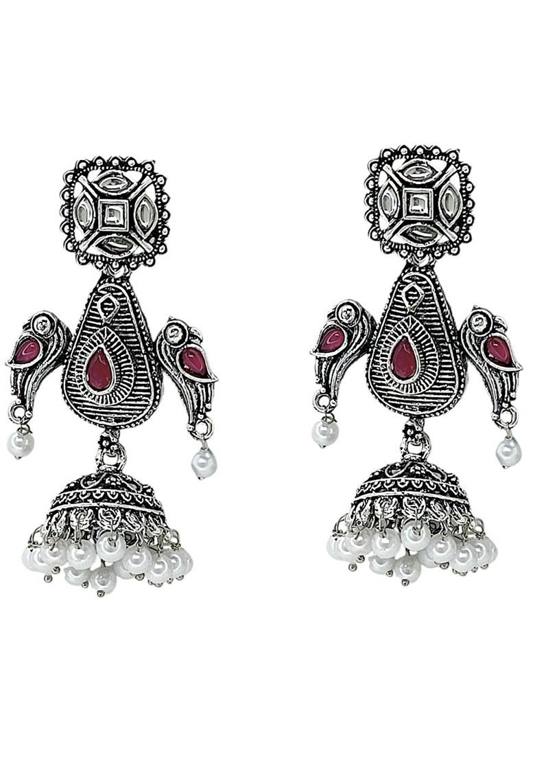 Silver Oxidized Geometric Jhumka Drop Earrings