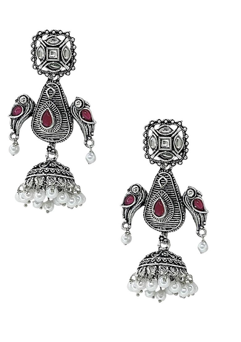 Silver Oxidized Geometric Jhumka Drop Earrings