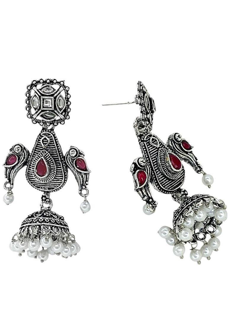 Silver Oxidized Geometric Jhumka Drop Earrings