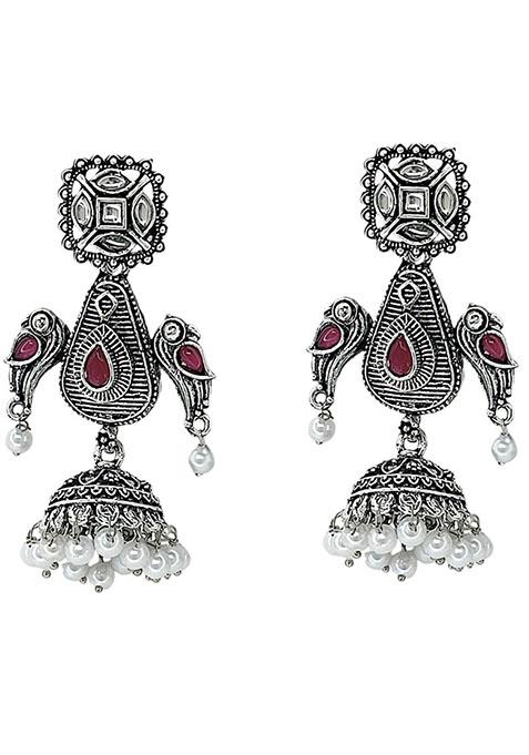 Silver Oxidized Geometric Jhumka Drop Earrings