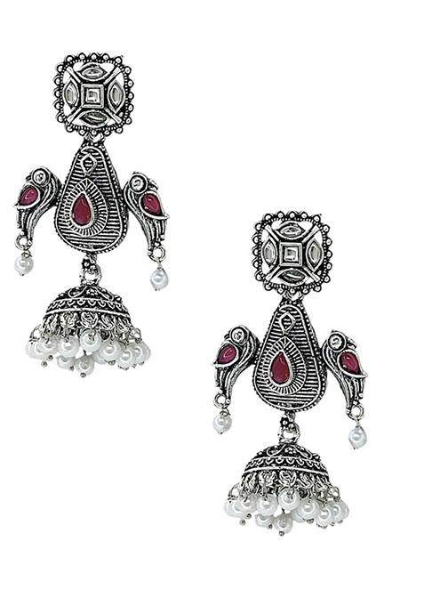 Silver Oxidized Geometric Jhumka Drop Earrings