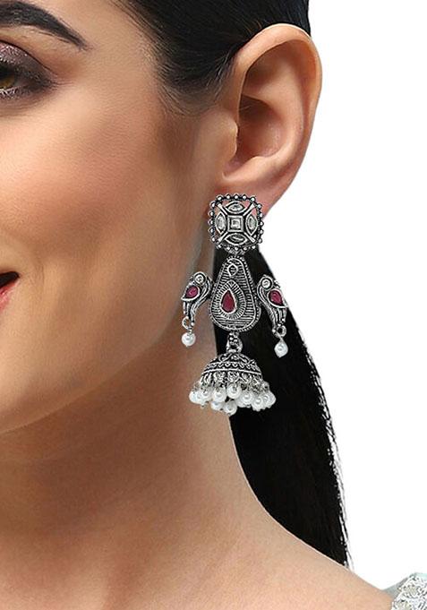Silver Oxidized Geometric Jhumka Drop Earrings