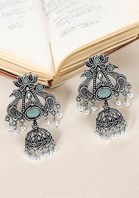 Silver Oxidized Peacock Jhumka Drop Earrings