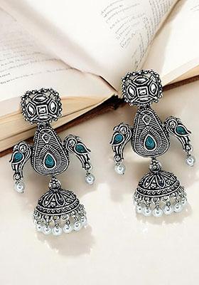 Silver Oxidized Geometric Jhumka Drop Earrings