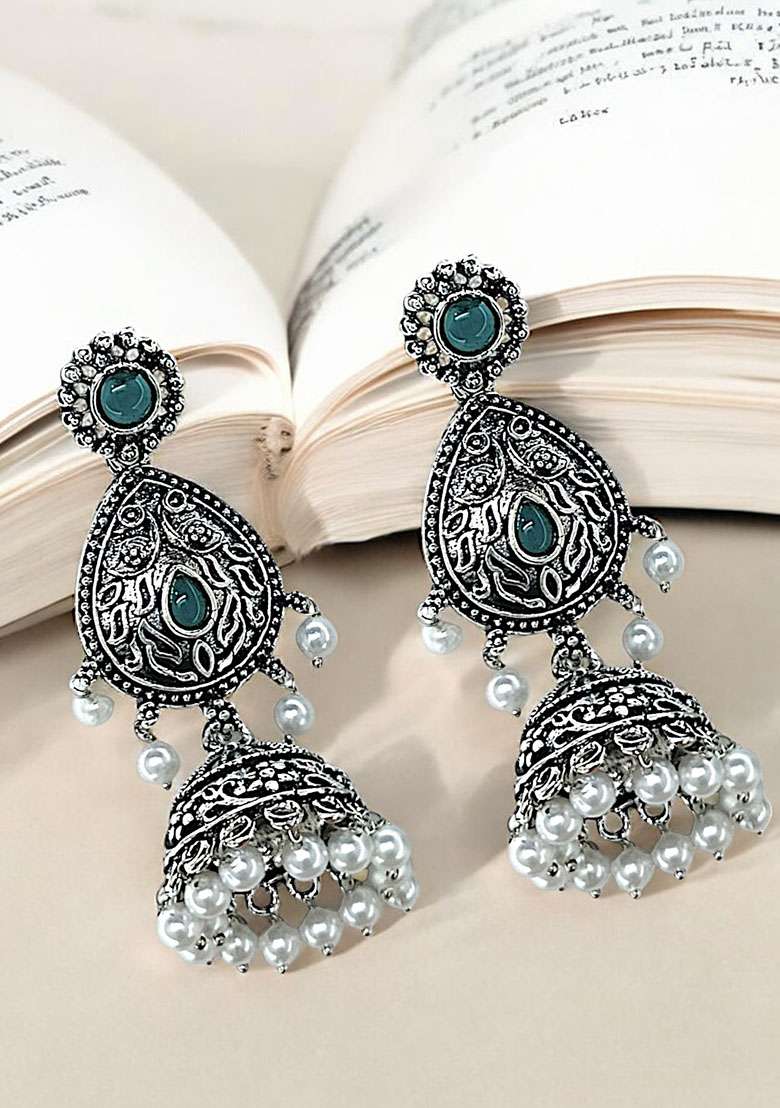 Silver Oxidized Drop Jhumka Earrings - Indya