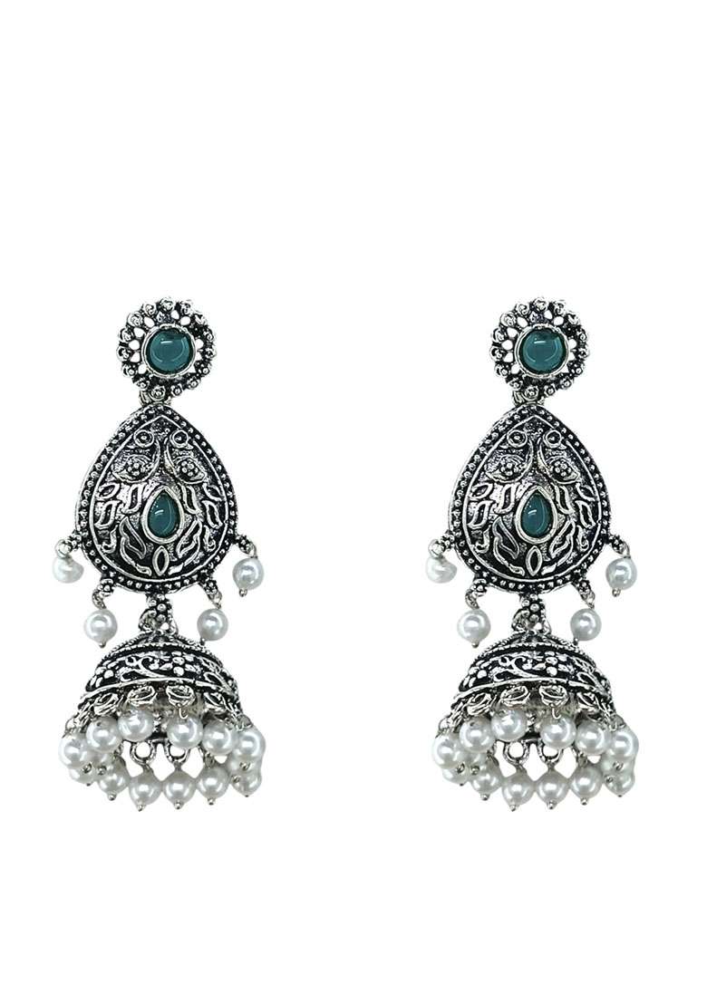 Silver Oxidized Drop Jhumka Earrings - Indya