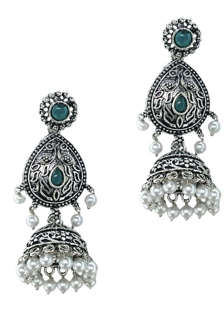 Silver Oxidized Drop Jhumka Earrings - Indya